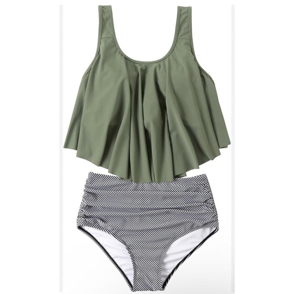 OMKAGI Womens Ruffle Tankini‎ Swimsuit High Waist Striped Bottoms Swimwear XXL